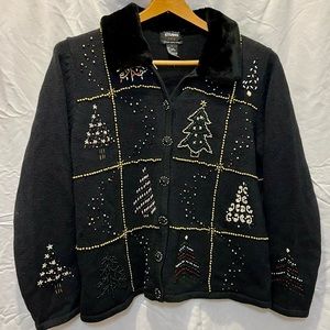 Designers Originals Studio Joy Beaded Ugly Christmas Sweater with Fur Collar L